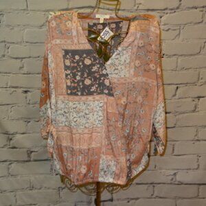 Como Blu Peach, Gray, White & Black Print 3 Quarter Sleeve Blouse, NWT